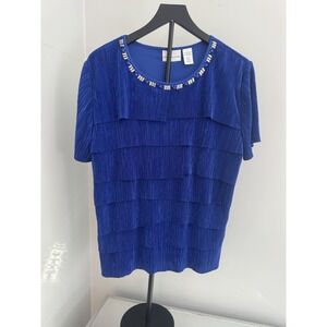 Alfred Dunner Blue Pleated Beaded Neckline Short Sleeve Top Women Sz M Dressy